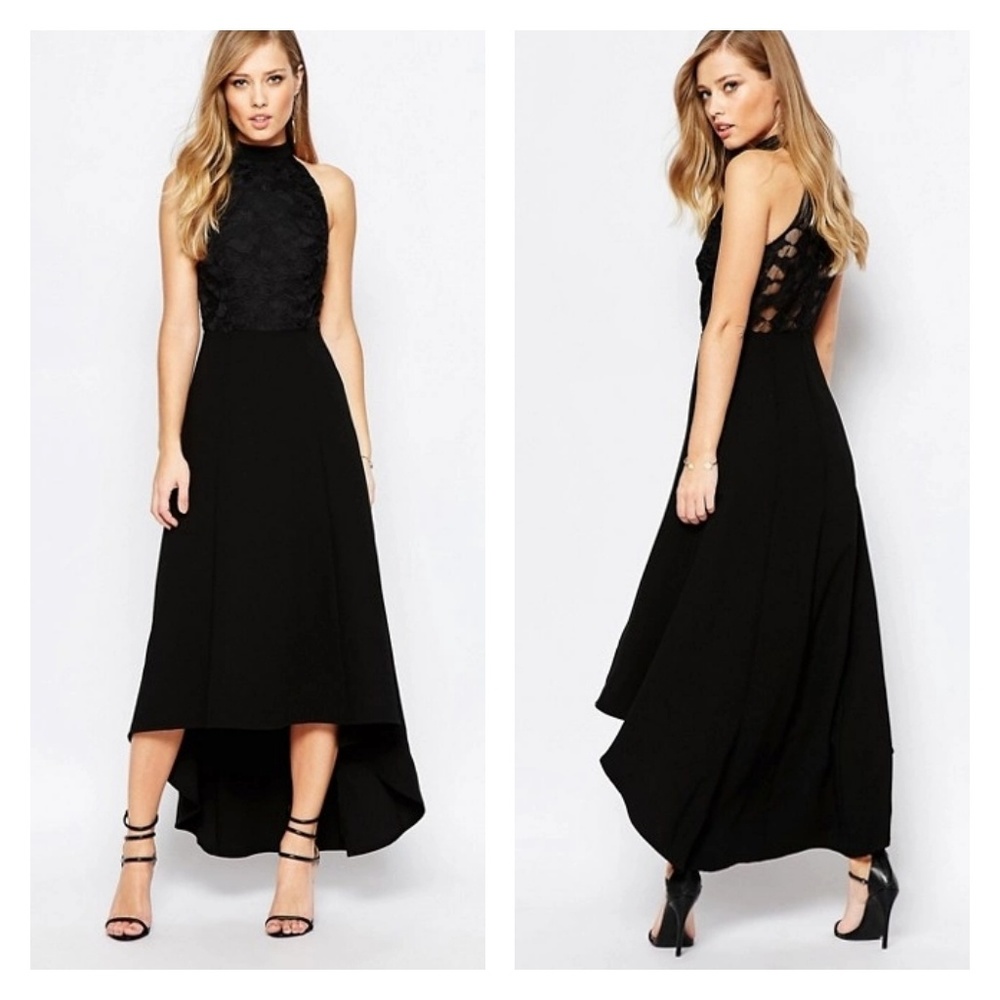 Keepsake All Talk  High Low Halter Dress in Black Lace Bodice Womens Size XS